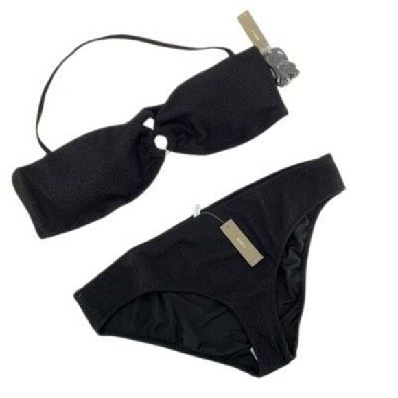 J. Crew Black Heritage Textured O-Ring Bandeau Bikini Top Bottom Set Size 2X NWT - Picture 1 of 3